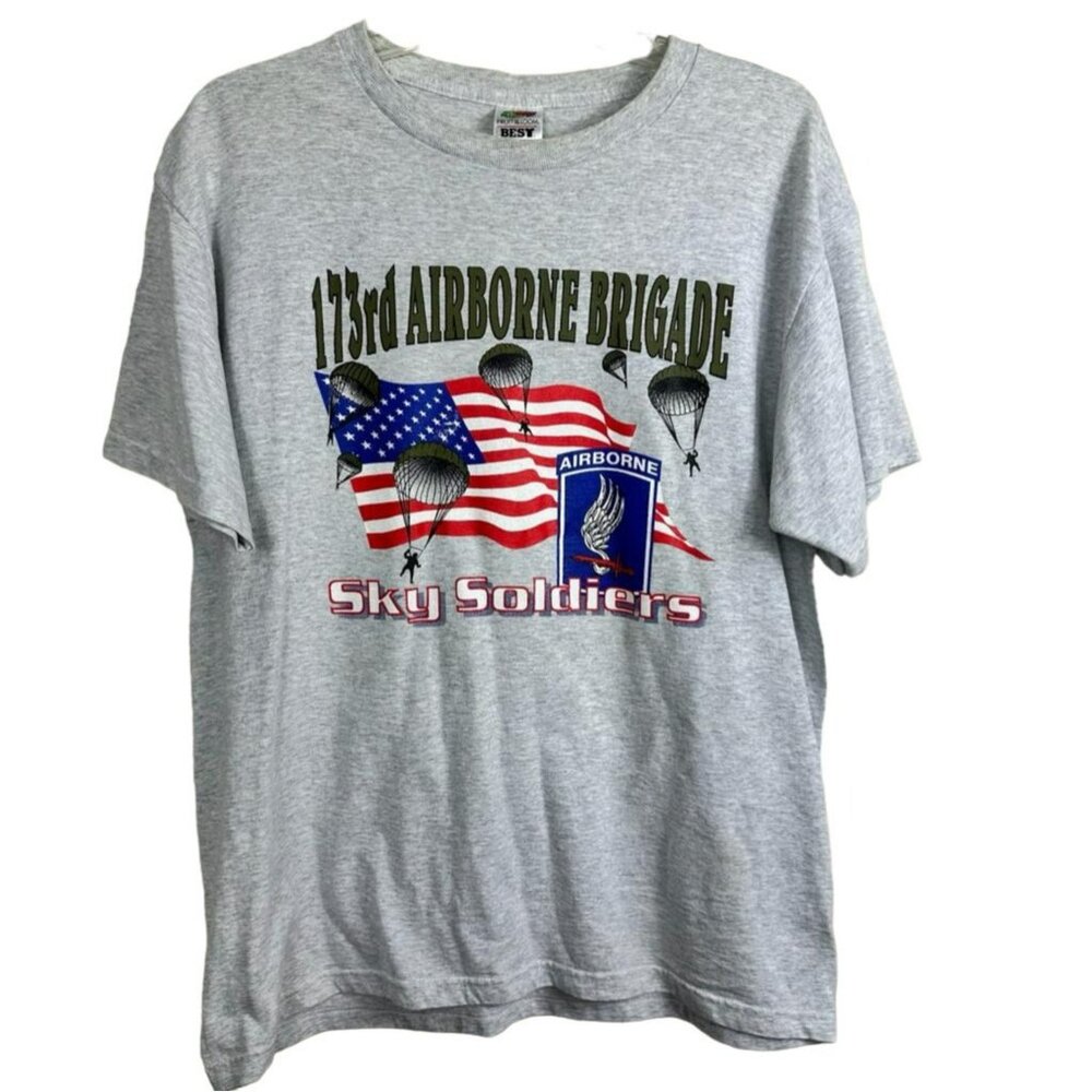 173rd Airborne Gray Blue Red Brigade T-Shirt Size Large Sky Soldiers‎